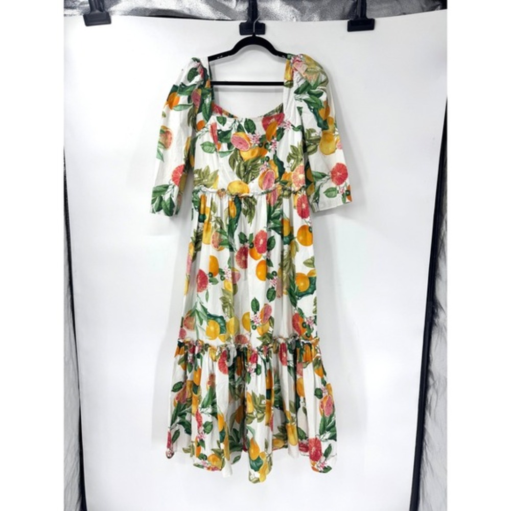 Cara Cara Citrus Print Blue Hill Midi Dress Square Neck Puff Sleeve Size‎ 12 - Picture 3 of 7